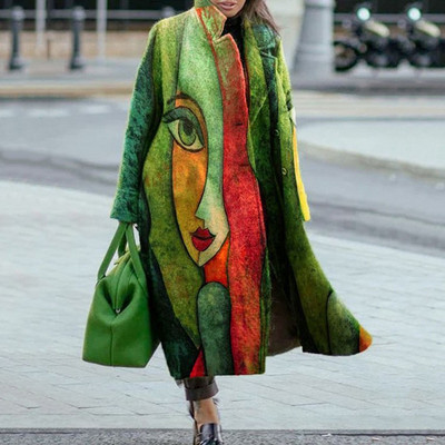 Jachetă de toamnă pentru femei cu mâneci lungi imprimată cu revere, iarna nouă, îmbrăcăminte ocazională pentru femei, jachetă de trenci de lână la moda pentru femei