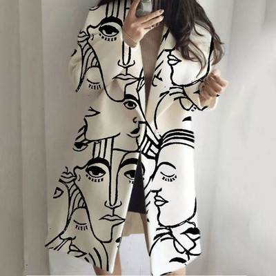 Jachetă de toamnă pentru femei cu mâneci lungi imprimată cu revere, iarna nouă, îmbrăcăminte ocazională pentru femei, jachetă de trenci de lână la moda pentru femei