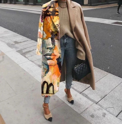 Jachetă de toamnă pentru femei cu mâneci lungi imprimată cu revere, iarna nouă, îmbrăcăminte ocazională pentru femei, jachetă de trenci de lână la moda pentru femei