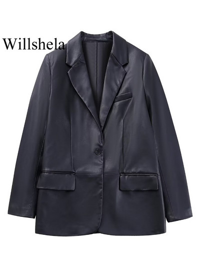 Willshela Moda Femei Cu buzunare PU Blazer negru cu un singur buton Vintage Gât crestat Mâneci lungi Femei Chic Ținute pentru damă