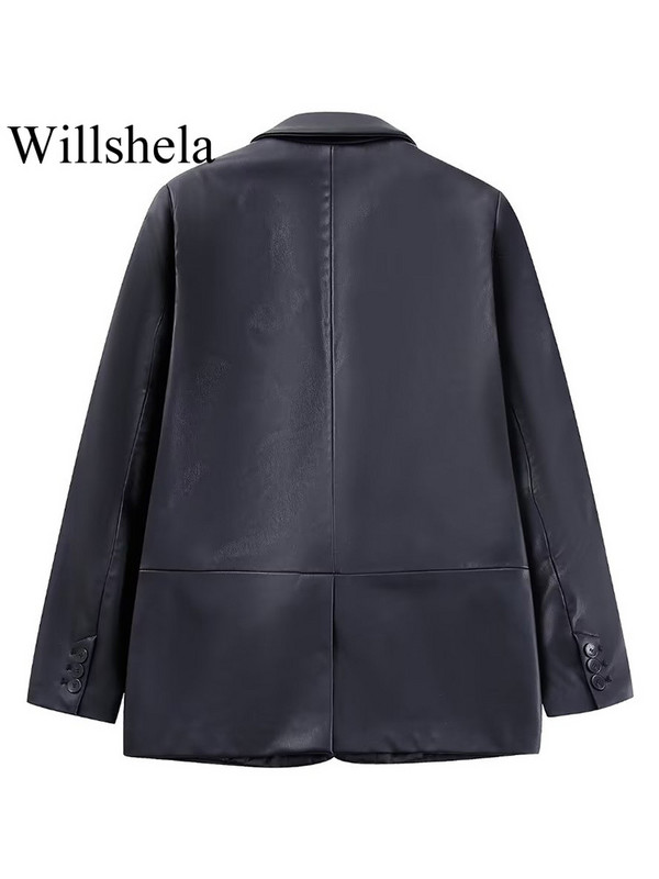 Willshela Moda Femei Cu buzunare PU Blazer negru cu un singur buton Vintage Gât crestat Mâneci lungi Femei Chic Ținute pentru damă