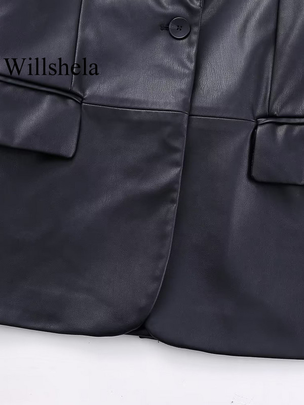 Willshela Moda Femei Cu buzunare PU Blazer negru cu un singur buton Vintage Gât crestat Mâneci lungi Femei Chic Ținute pentru damă