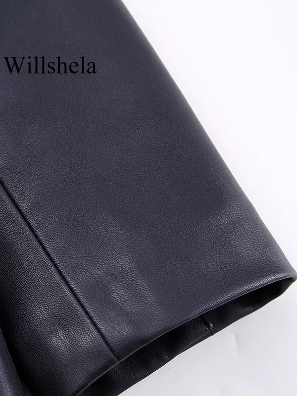Willshela Moda Femei Cu buzunare PU Blazer negru cu un singur buton Vintage Gât crestat Mâneci lungi Femei Chic Ținute pentru damă