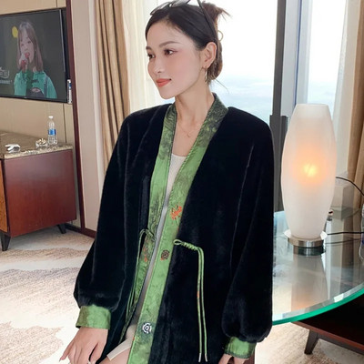 2023. gada jauns, brīvs ķīniešu stila pogas truša sabala kažoks sievietēm Vidēja garuma imitācija, truša sabala kažokāda, viengabalains