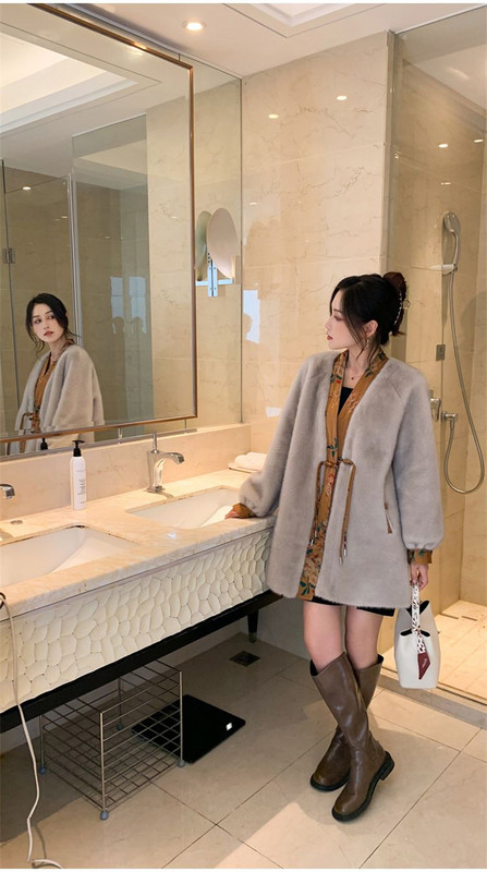 2023. gada jauns, brīvs ķīniešu stila pogas truša sabala kažoks sievietēm Vidēja garuma imitācija, truša sabala kažokāda, viengabalains