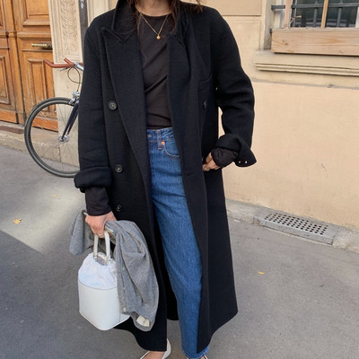 Korėjos žiemos vintažinis vilnonis paltas, moteriškas laisvalaikio vientisas ilgi paltai, madingi dvieiliai, laisvi pilki juodi įtempti striukė