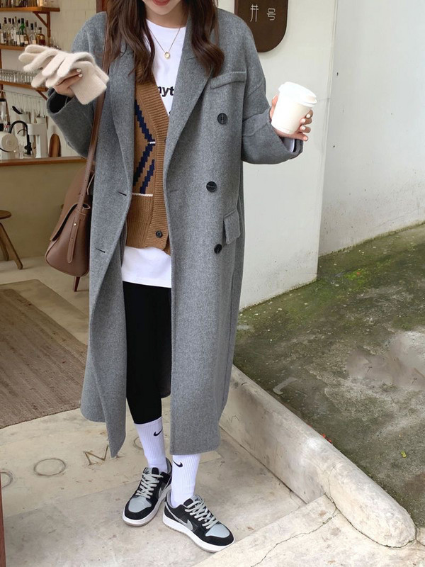 Korėjos žiemos vintažinis vilnonis paltas, moteriškas laisvalaikio vientisas ilgi paltai, madingi dvieiliai, laisvi pilki juodi įtempti striukė
