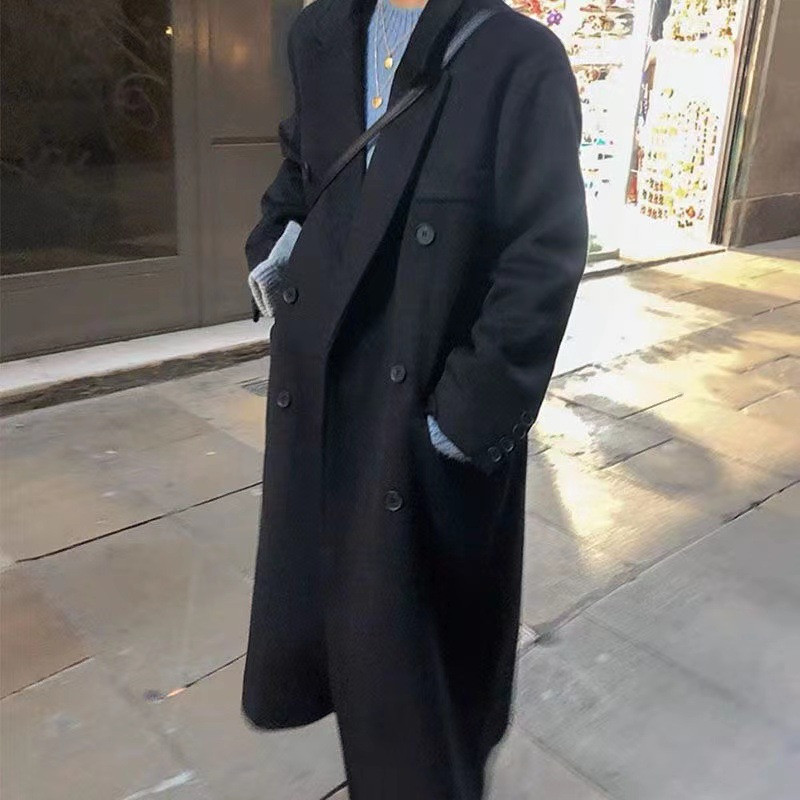 Korėjos žiemos vintažinis vilnonis paltas, moteriškas laisvalaikio vientisas ilgi paltai, madingi dvieiliai, laisvi pilki juodi įtempti striukė