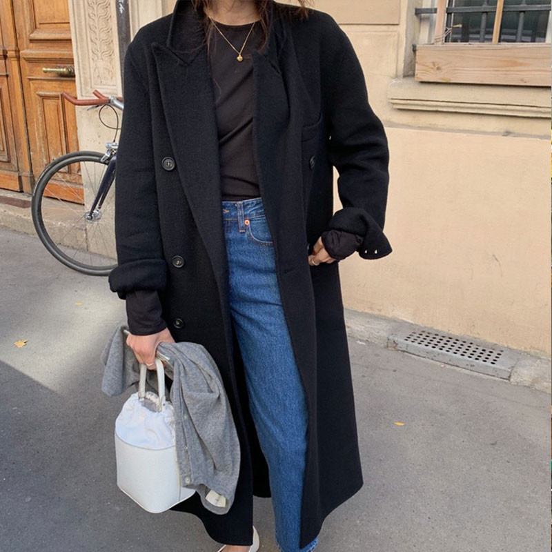 Korėjos žiemos vintažinis vilnonis paltas, moteriškas laisvalaikio vientisas ilgi paltai, madingi dvieiliai, laisvi pilki juodi įtempti striukė