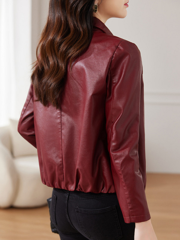 FTLZZ rudens ziemas sieviešu mākslīgās PU ādas jaka gadījuma rakstura atloks ar vienrindu ādas virsdrēbes Sieviešu motociklistu jaka