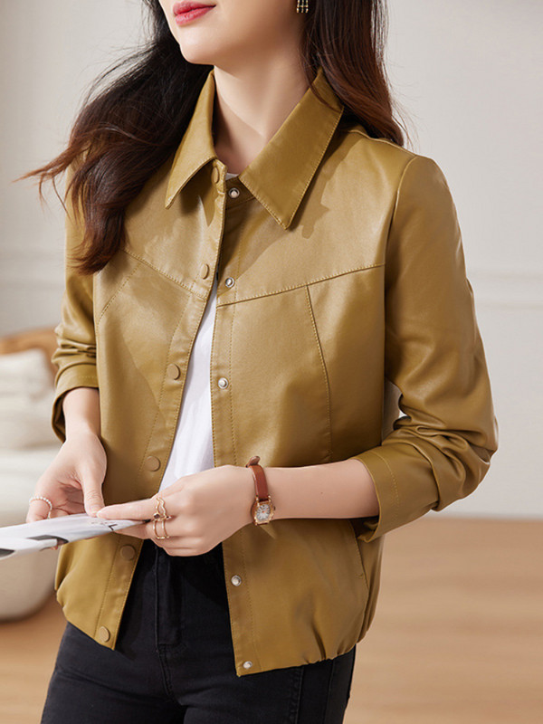 FTLZZ rudens ziemas sieviešu mākslīgās PU ādas jaka gadījuma rakstura atloks ar vienrindu ādas virsdrēbes Sieviešu motociklistu jaka