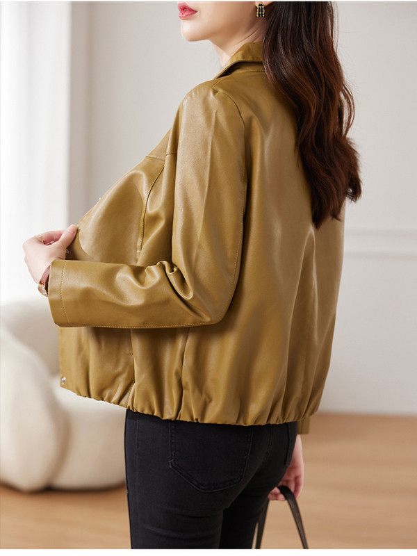 FTLZZ rudens ziemas sieviešu mākslīgās PU ādas jaka gadījuma rakstura atloks ar vienrindu ādas virsdrēbes Sieviešu motociklistu jaka