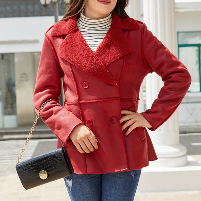 Vintage čista koža Crvene jakne Ženske duge rukave s reverima Topla antilop jakna Topla gornja odjeća s podstavom od flisa palto