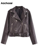 Aachoae Jachetă din piele sintetică pentru femei High Street, haine casual, cu guler răsturnat, cu mânecă lungă, pentru femei, cu fermoar, îmbrăcăminte exterioară