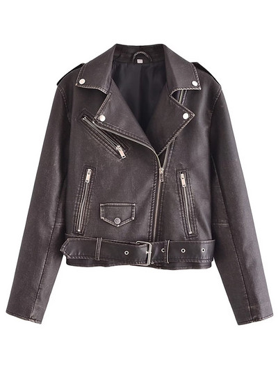 Aachoae Jachetă din piele sintetică pentru femei High Street, haine casual, cu guler răsturnat, cu mânecă lungă, pentru femei, cu fermoar, îmbrăcăminte exterioară