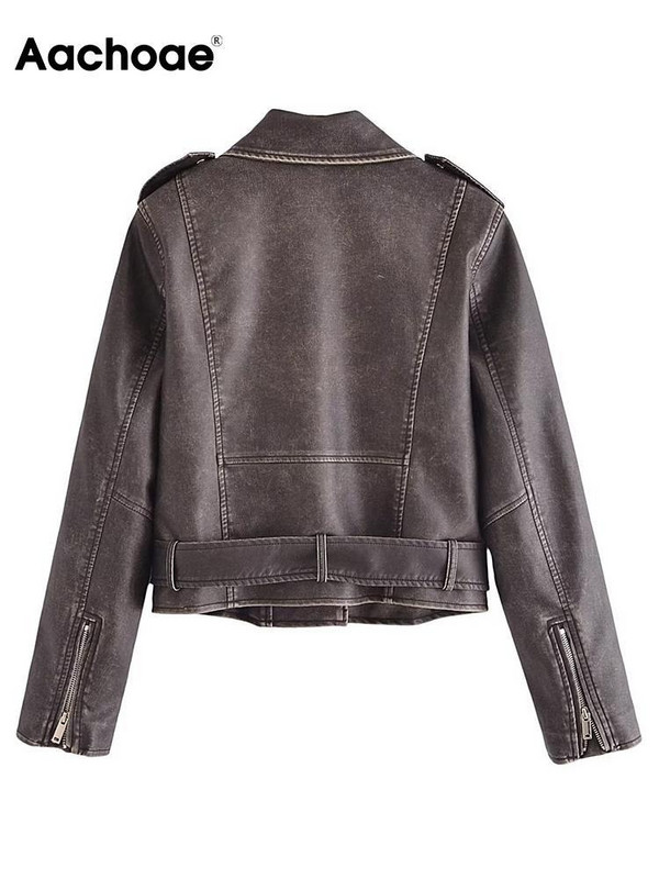 Aachoae Jachetă din piele sintetică pentru femei High Street, haine casual, cu guler răsturnat, cu mânecă lungă, pentru femei, cu fermoar, îmbrăcăminte exterioară
