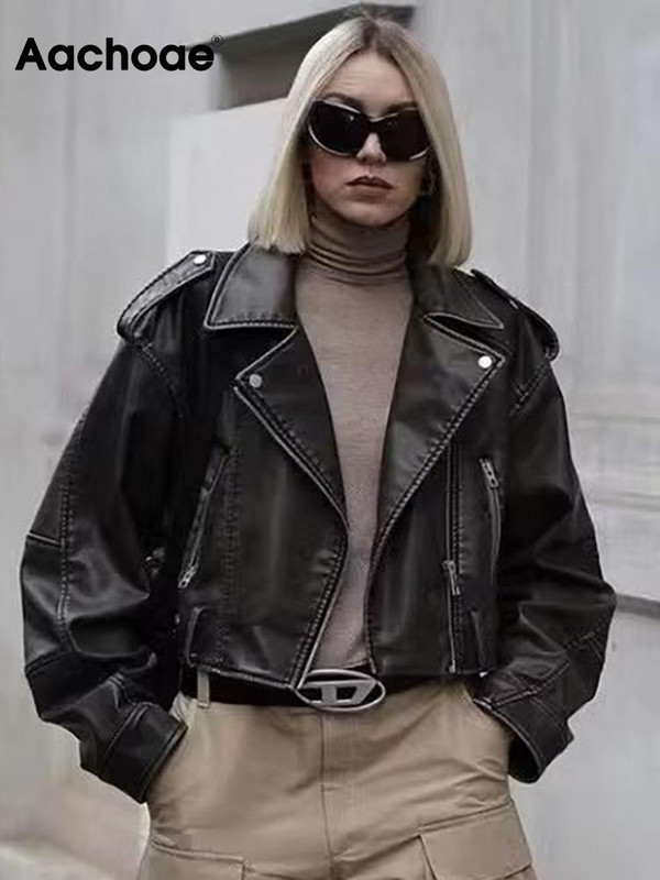 Aachoae Jachetă din piele sintetică pentru femei High Street, haine casual, cu guler răsturnat, cu mânecă lungă, pentru femei, cu fermoar, îmbrăcăminte exterioară