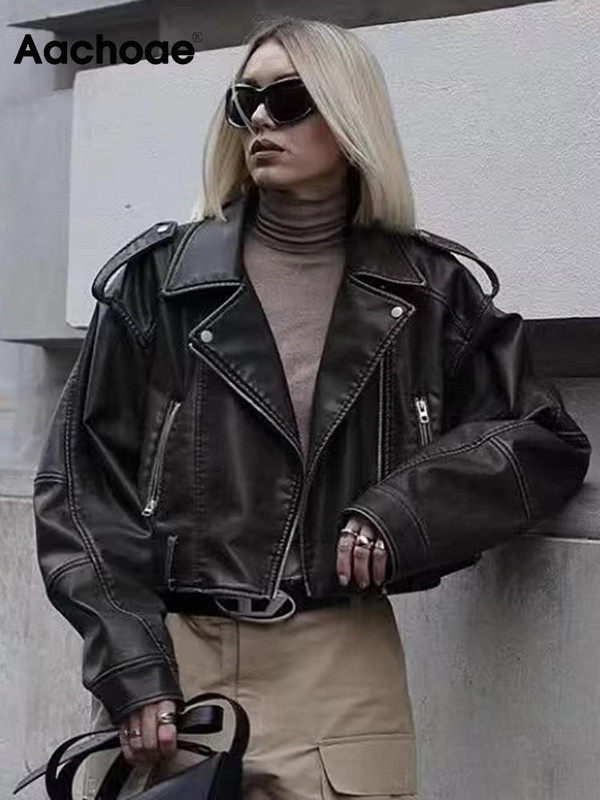 Aachoae Jachetă din piele sintetică pentru femei High Street, haine casual, cu guler răsturnat, cu mânecă lungă, pentru femei, cu fermoar, îmbrăcăminte exterioară