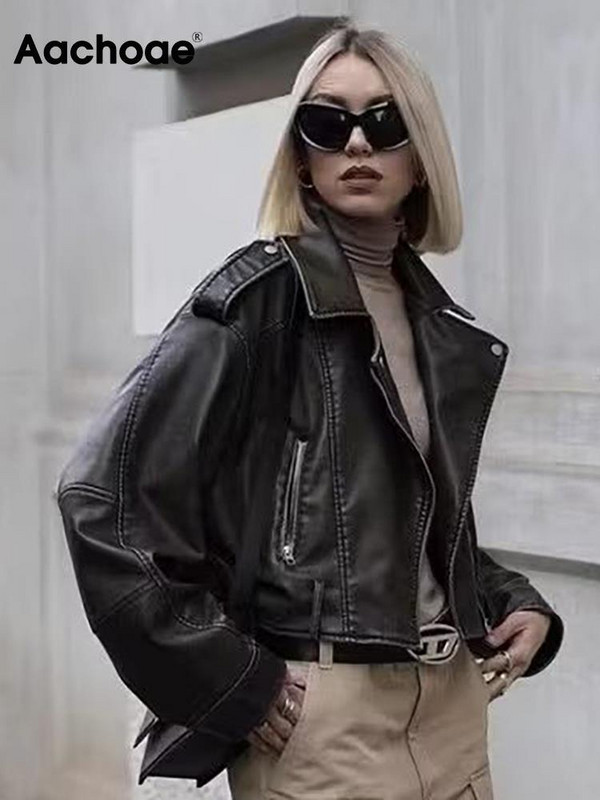 Aachoae Jachetă din piele sintetică pentru femei High Street, haine casual, cu guler răsturnat, cu mânecă lungă, pentru femei, cu fermoar, îmbrăcăminte exterioară