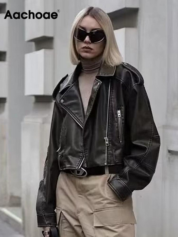 Aachoae Jachetă din piele sintetică pentru femei High Street, haine casual, cu guler răsturnat, cu mânecă lungă, pentru femei, cu fermoar, îmbrăcăminte exterioară