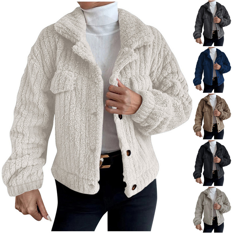 Jakne za žene Odjeća za jesen i zimu 2023. Ženske jednobojne plišane kardigan s reverima i gumbima Skraćeni kaput Debele jakne Ženske majice