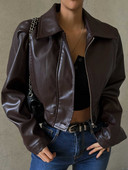 FTLZZ Nouă, primăvară toamnă, vintage, subțire, motociclist, haină scurtă din PU pentru femei, haină de stradă, cu fermoar cu rever, jachetă din piele artificială