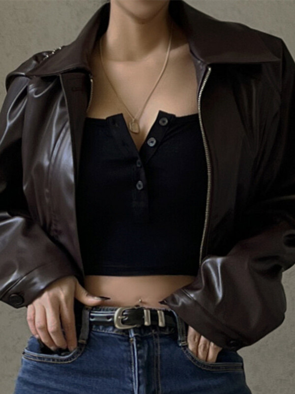 FTLZZ Nouă, primăvară toamnă, vintage, subțire, motociclist, haină scurtă din PU pentru femei, haină de stradă, cu fermoar cu rever, jachetă din piele artificială