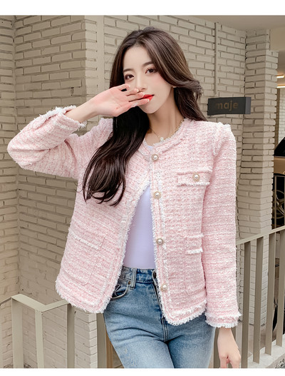 Vintage kratke gornje odjeće s tkanim resicama Jesen Novi temperamentni dame O-izrez Biserni gumbi Jakna od tvida Ženski kaput