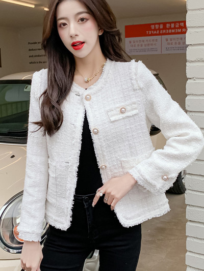 Vintage kratke gornje odjeće s tkanim resicama Jesen Novi temperamentni dame O-izrez Biserni gumbi Jakna od tvida Ženski kaput