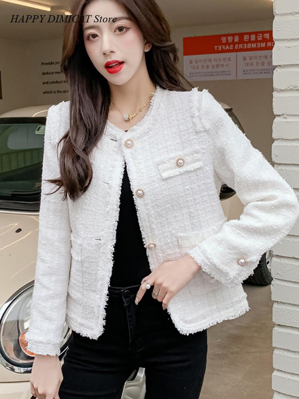 Vintage kratke gornje odjeće s tkanim resicama Jesen Novi temperamentni dame O-izrez Biserni gumbi Jakna od tvida Ženski kaput