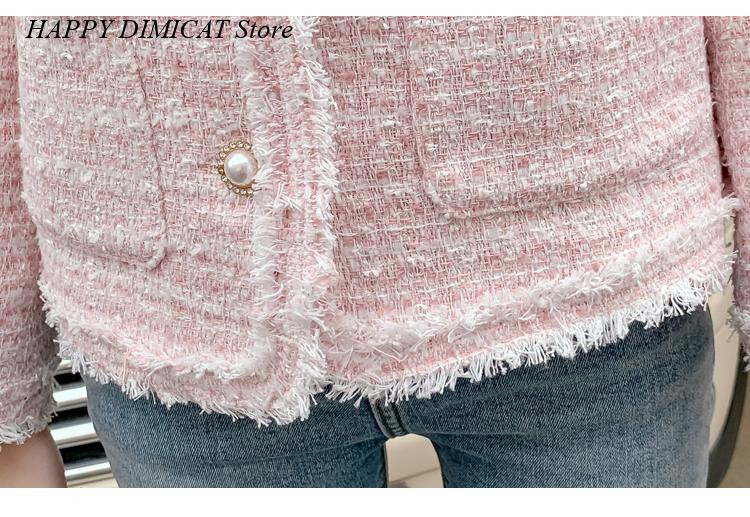 Vintage kratke gornje odjeće s tkanim resicama Jesen Novi temperamentni dame O-izrez Biserni gumbi Jakna od tvida Ženski kaput