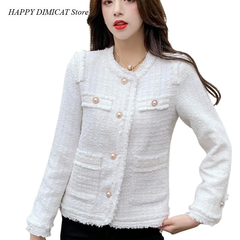Vintage kratke gornje odjeće s tkanim resicama Jesen Novi temperamentni dame O-izrez Biserni gumbi Jakna od tvida Ženski kaput
