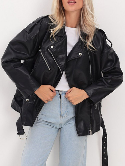 Ailegogo, primăvară toamnă, motociclist, jachetă neagră din piele sintetică, cu centură, îmbrăcăminte de stradă pentru femei, cu fermoar, haină lejeră.