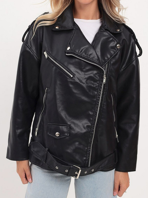 Ailegogo, primăvară toamnă, motociclist, jachetă neagră din piele sintetică, cu centură, îmbrăcăminte de stradă pentru femei, cu fermoar, haină lejeră.