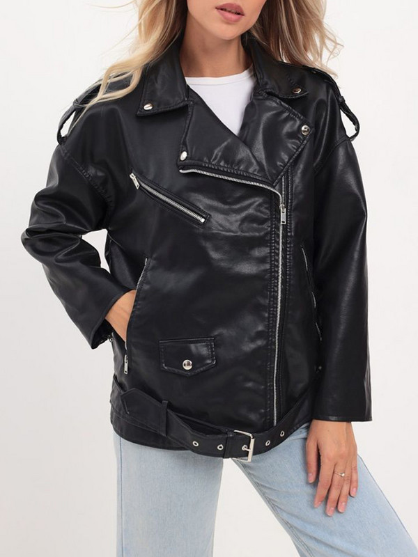 Ailegogo, primăvară toamnă, motociclist, jachetă neagră din piele sintetică, cu centură, îmbrăcăminte de stradă pentru femei, cu fermoar, haină lejeră.