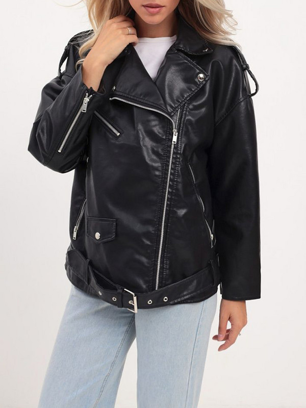 Ailegogo, primăvară toamnă, motociclist, jachetă neagră din piele sintetică, cu centură, îmbrăcăminte de stradă pentru femei, cu fermoar, haină lejeră.