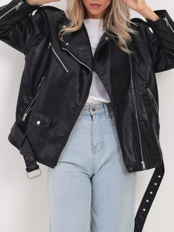 Ailegogo, primăvară toamnă, motociclist, jachetă neagră din piele sintetică, cu centură, îmbrăcăminte de stradă pentru femei, cu fermoar, haină lejeră.