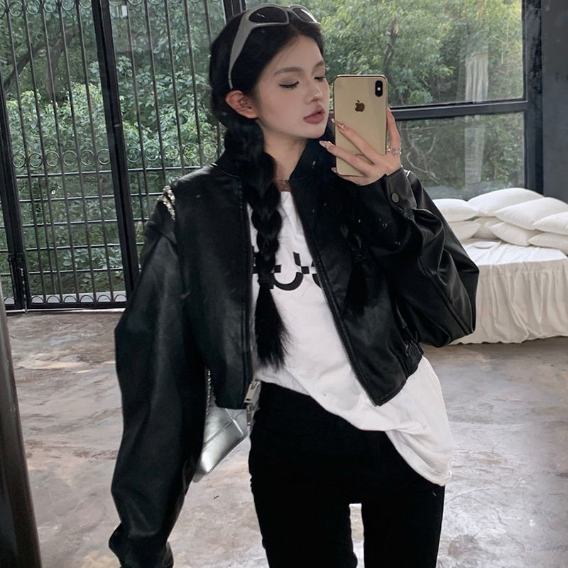 Korejiešu stila Pavasara Jauns Ādas Jakas ar rāvējslēdzēju Sieviešu brīvs Ikdienas īss Mētelis Sieviešu Modes Vienkrāsu Ielu apģērbu Topi