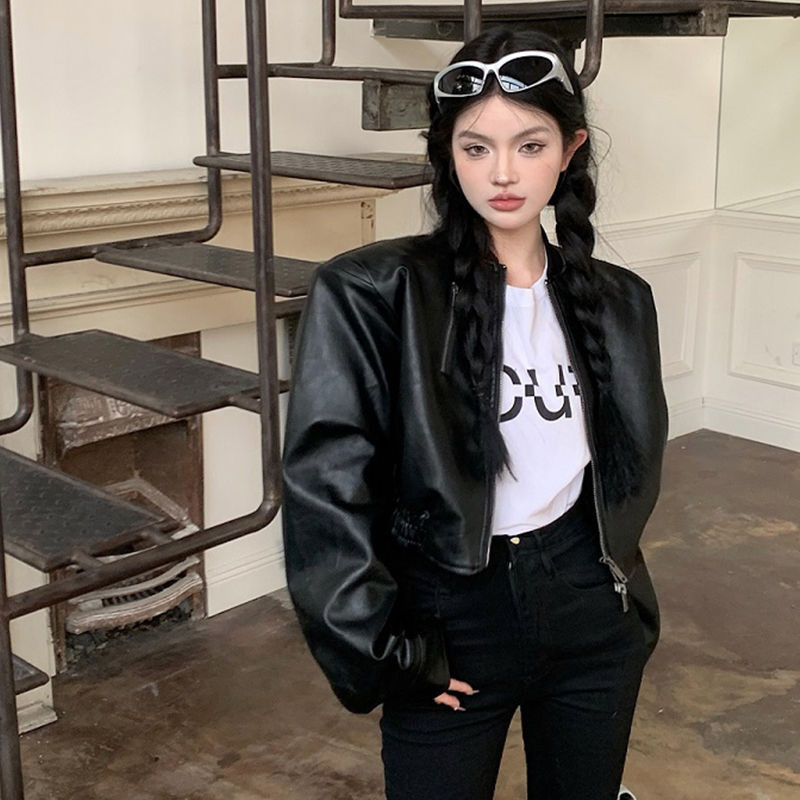 Korejiešu stila Pavasara Jauns Ādas Jakas ar rāvējslēdzēju Sieviešu brīvs Ikdienas īss Mētelis Sieviešu Modes Vienkrāsu Ielu apģērbu Topi