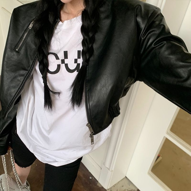 Korejiešu stila Pavasara Jauns Ādas Jakas ar rāvējslēdzēju Sieviešu brīvs Ikdienas īss Mētelis Sieviešu Modes Vienkrāsu Ielu apģērbu Topi