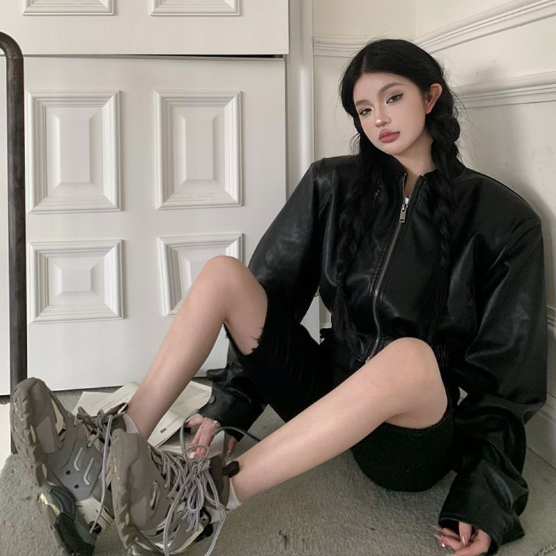 Korejiešu stila Pavasara Jauns Ādas Jakas ar rāvējslēdzēju Sieviešu brīvs Ikdienas īss Mētelis Sieviešu Modes Vienkrāsu Ielu apģērbu Topi