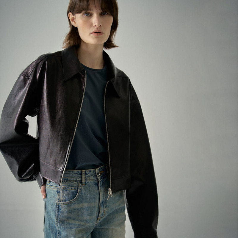 Slatka cool kožna jakna Jesen 2023. Minimalistički stil s reverom dugih rukava od Pu meke kože Kratki kožni top za žene