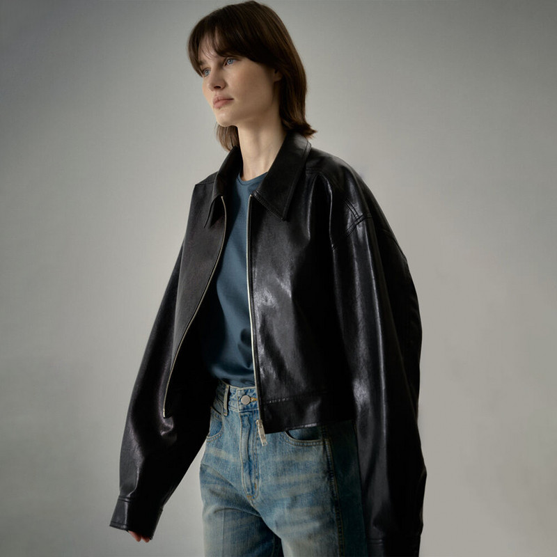 Slatka cool kožna jakna Jesen 2023. Minimalistički stil s reverom dugih rukava od Pu meke kože Kratki kožni top za žene