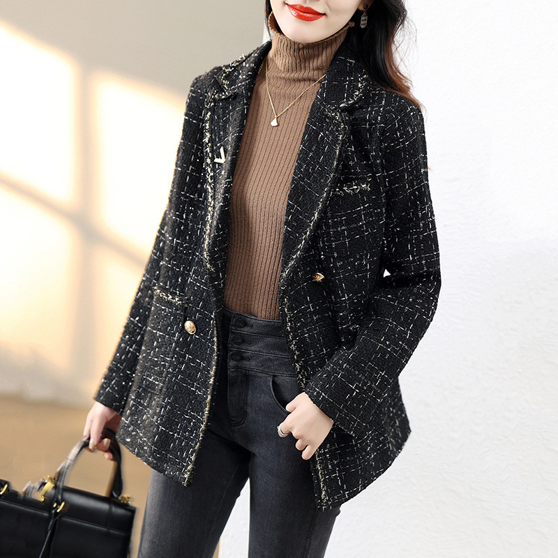 Ženska elegantna uska jakna od tvida s dvostrukim kopčanjem Karirani karirani kaput s dugim rukavima Blazer od tvida Vintage Outwear