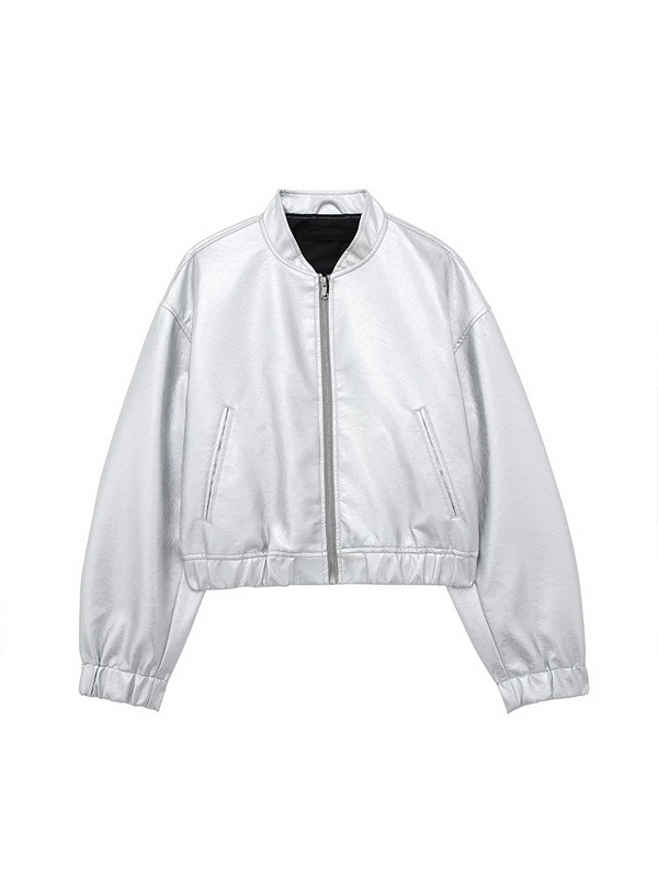 Jachetă din piele argintie Traf Femei 2023 Jachete bomber din PU metalice Jachetă bomber cu fermoar Îmbrăcăminte exterioară Jachetă pilot Y2k Jachetă Streetwear