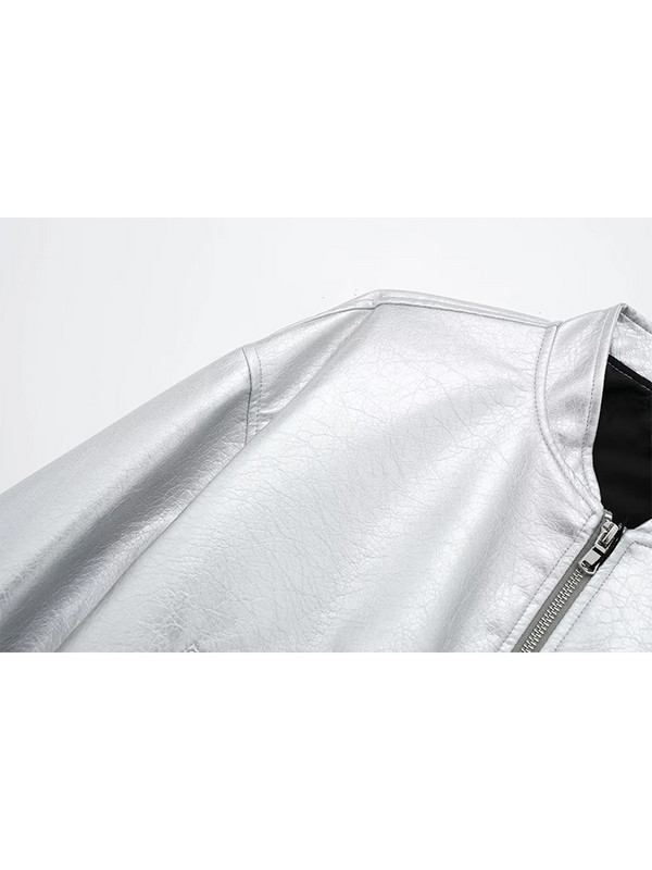 Jachetă din piele argintie Traf Femei 2023 Jachete bomber din PU metalice Jachetă bomber cu fermoar Îmbrăcăminte exterioară Jachetă pilot Y2k Jachetă Streetwear
