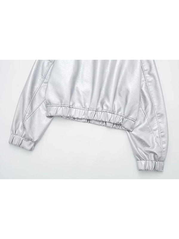 Jachetă din piele argintie Traf Femei 2023 Jachete bomber din PU metalice Jachetă bomber cu fermoar Îmbrăcăminte exterioară Jachetă pilot Y2k Jachetă Streetwear