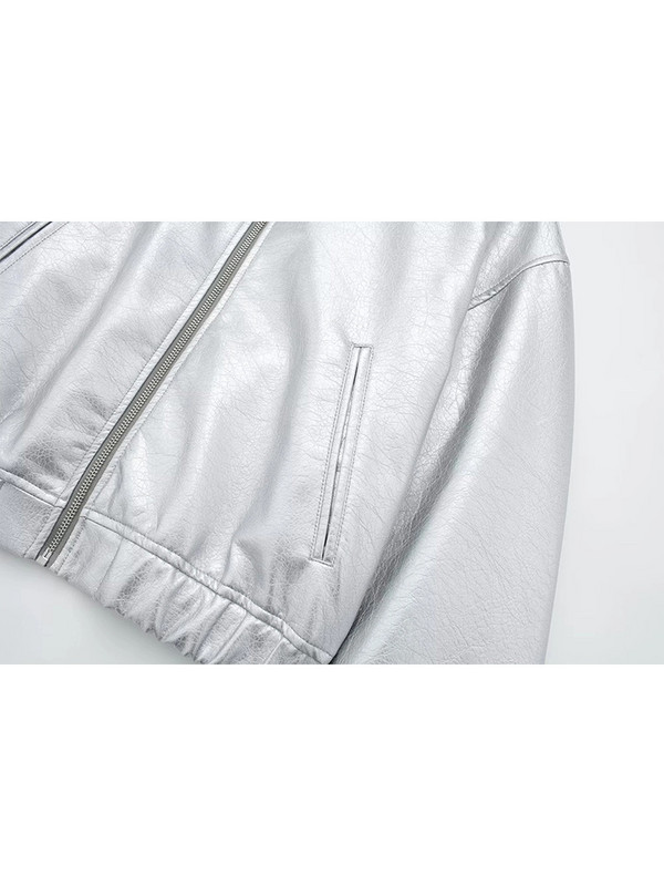 Jachetă din piele argintie Traf Femei 2023 Jachete bomber din PU metalice Jachetă bomber cu fermoar Îmbrăcăminte exterioară Jachetă pilot Y2k Jachetă Streetwear