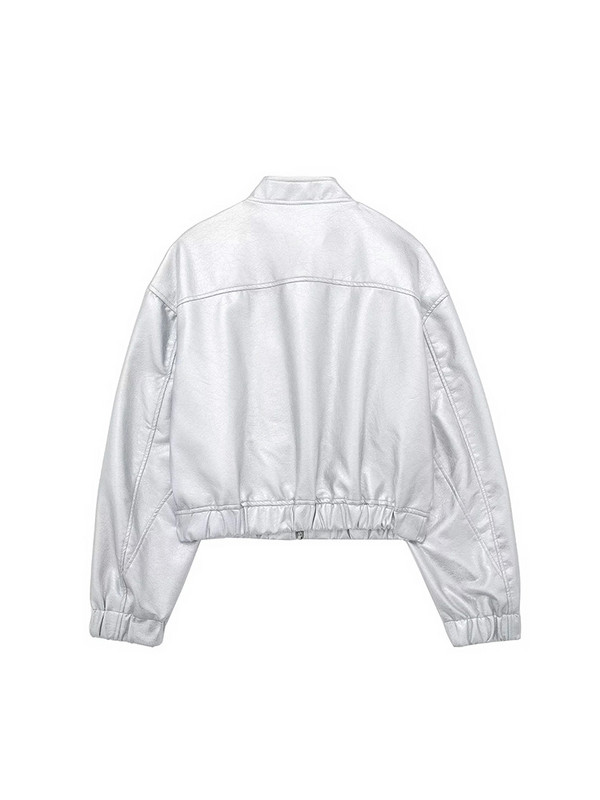 Jachetă din piele argintie Traf Femei 2023 Jachete bomber din PU metalice Jachetă bomber cu fermoar Îmbrăcăminte exterioară Jachetă pilot Y2k Jachetă Streetwear