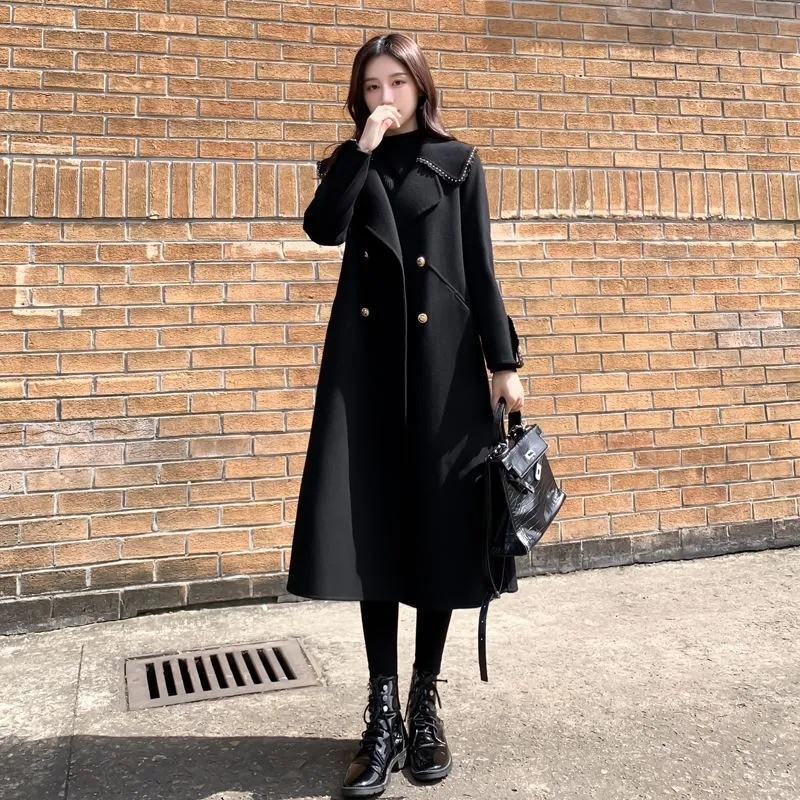 Palton lung din lână și amestecuri, damă, primăvară 2023, toamnă, jachete noi de lână, trenciuri de modă coreeană, pardesiu de dimensiuni mari, haină neagră